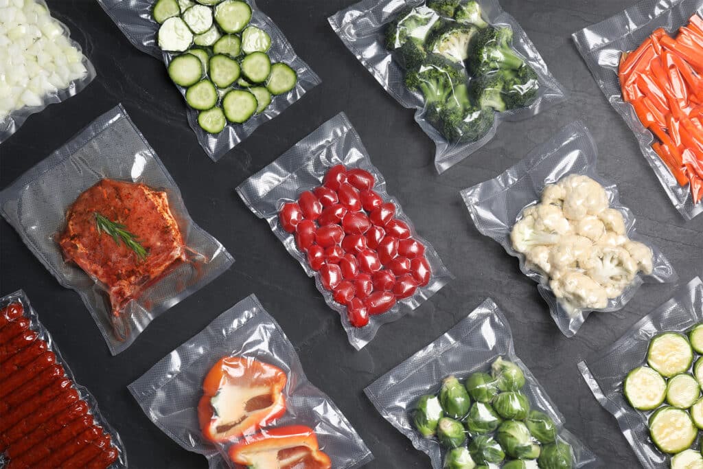 Plastic,Shopping,Bags,Full,Of,Vegetables,And,Juice,On,Floor